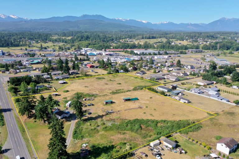 Aerial view of a rural parcel with estimated boundary lines on the Olympic Peninsula, Washington