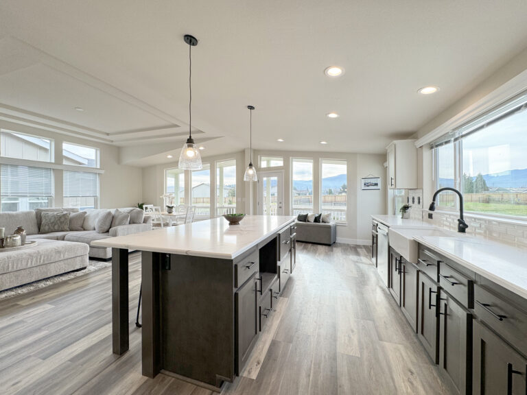 Kitchen and living room inside a new manufactured home