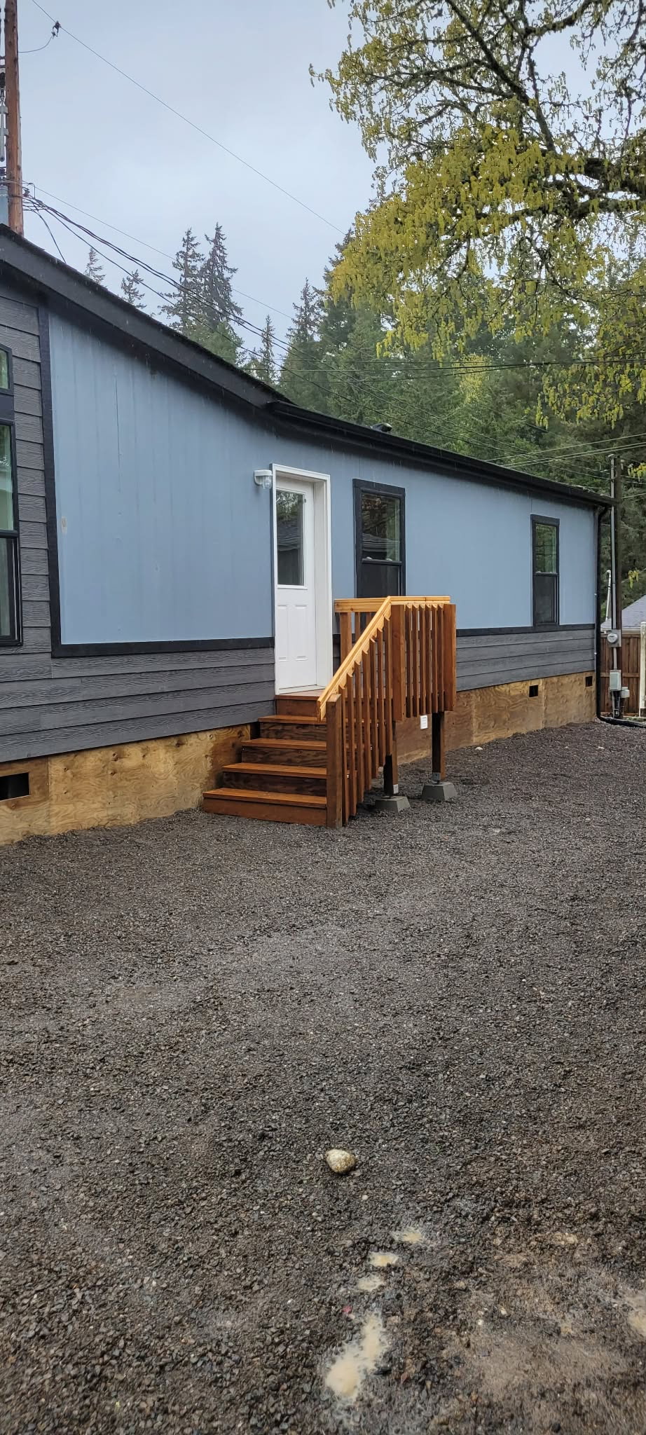 Manufactured home with newly built entry stairs
