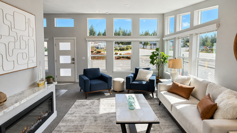 Open living room with an electric fireplace in a new manufactured home
